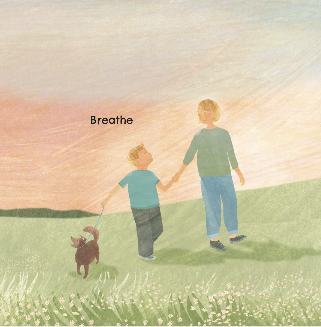 A young boy, his mom, and their dog are enjoying a walk underneath the evening sunset, and the boy is reminding himself to take a breath. From Dan McCauley's book Thank You, Sun.