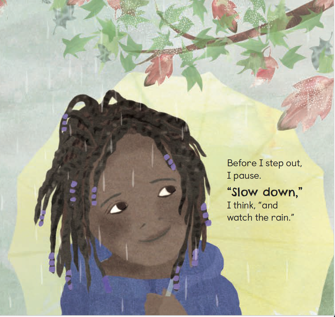 A child reminds herself to pause and notice the rain before she keeps going on her walk with her Dad, from Thank You, Rain by Dan McCauley.